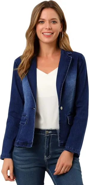 Allegra K Women's Notched Lapel One Button Long Sleeve Washed Business Denim Blazer
