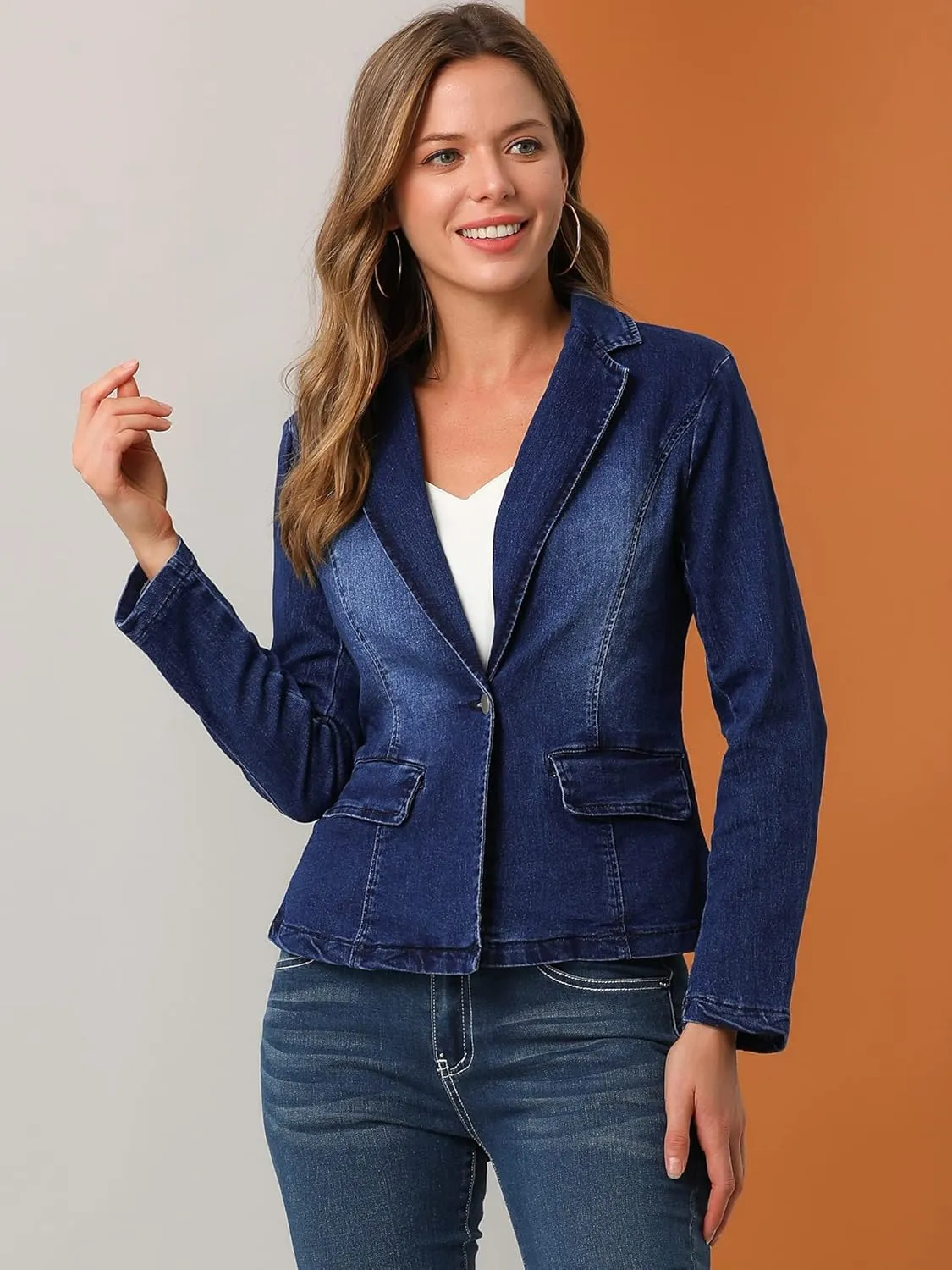 Allegra K Women's Notched Lapel One Button Long Sleeve Washed Business Denim Blazer