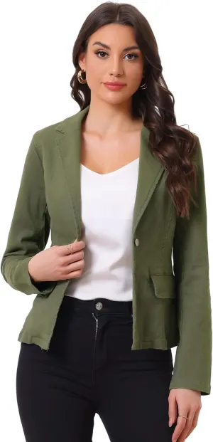 Allegra K Women's Notched Lapel One Button Long Sleeve Washed Business Denim Blazer