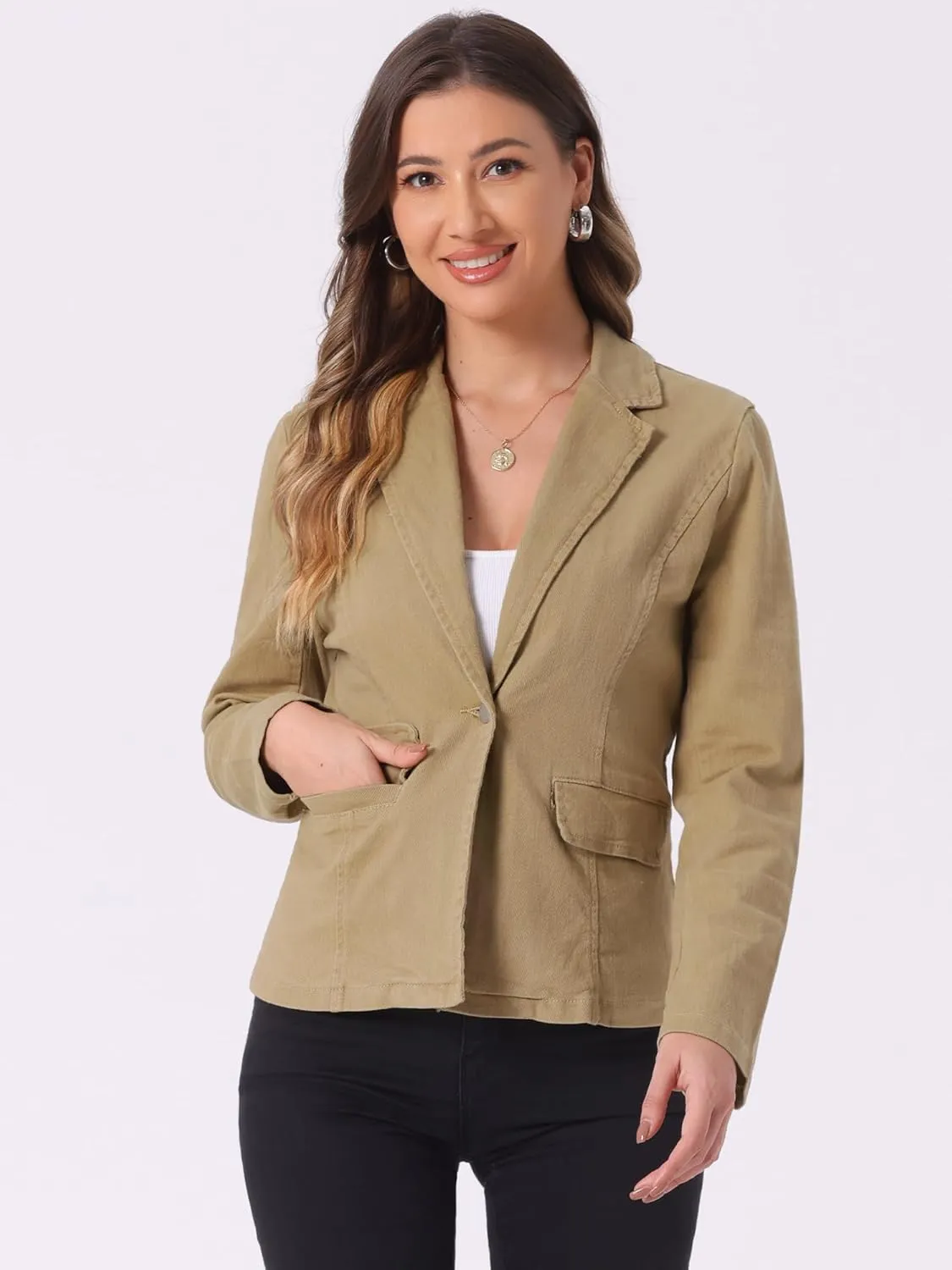 Allegra K Women's Notched Lapel One Button Long Sleeve Washed Business Denim Blazer