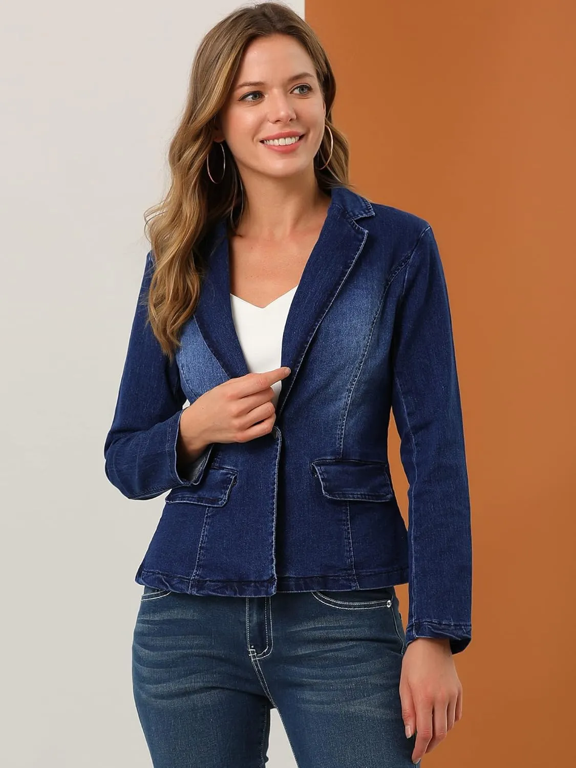 Allegra K Women's Notched Lapel One Button Long Sleeve Washed Business Denim Blazer