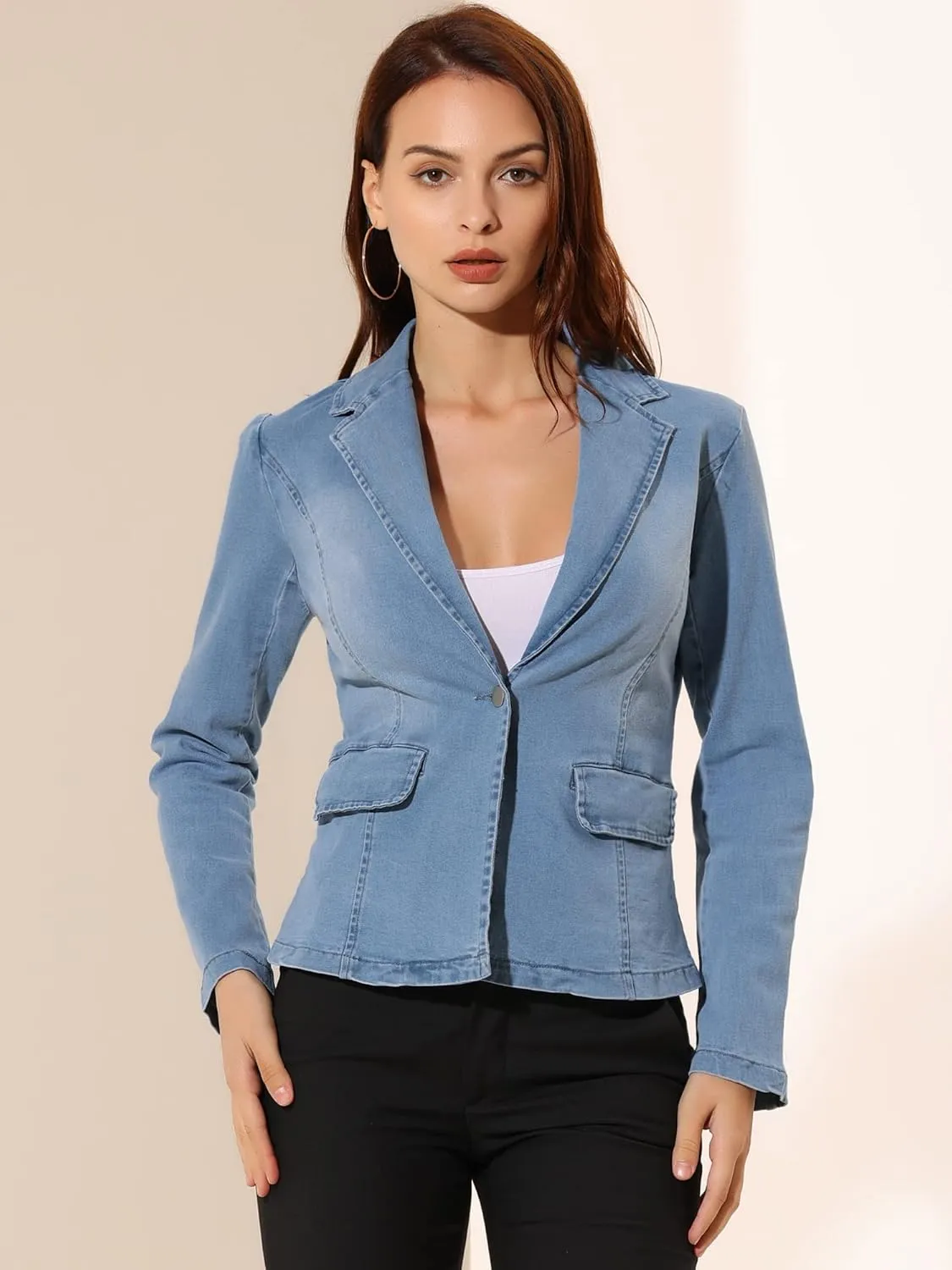 Allegra K Women's Notched Lapel One Button Long Sleeve Washed Business Denim Blazer
