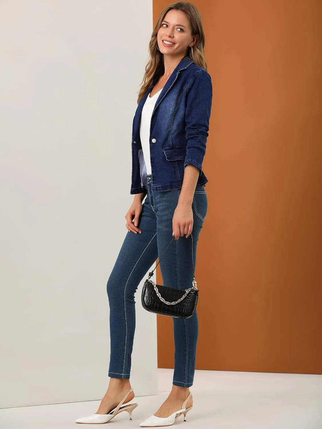 Allegra K Women's Notched Lapel One Button Long Sleeve Washed Business Denim Blazer