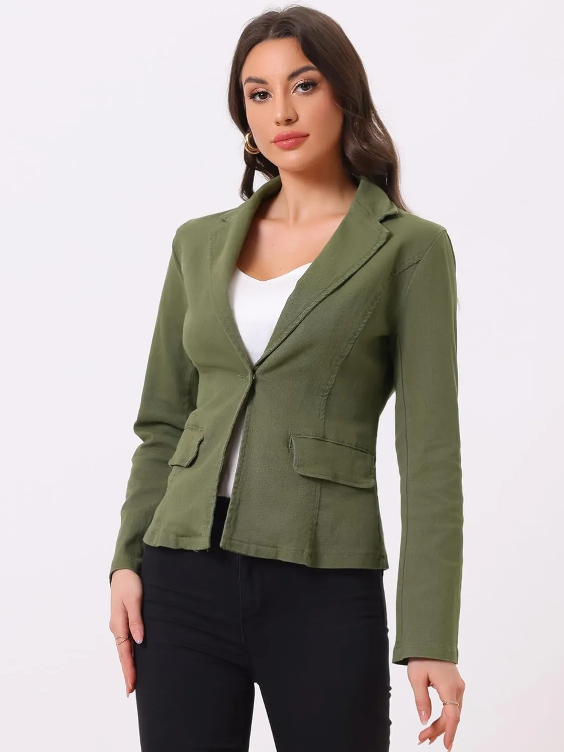 Allegra K Women's Notched Lapel One Button Long Sleeve Washed Business Denim Blazer