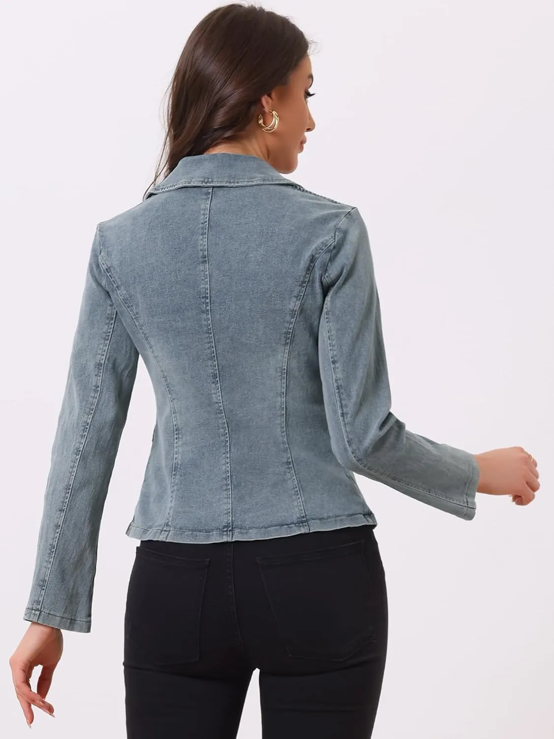 Allegra K Women's Notched Lapel One Button Long Sleeve Washed Business Denim Blazer