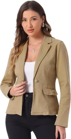 Allegra K Women's Notched Lapel One Button Long Sleeve Washed Business Denim Blazer
