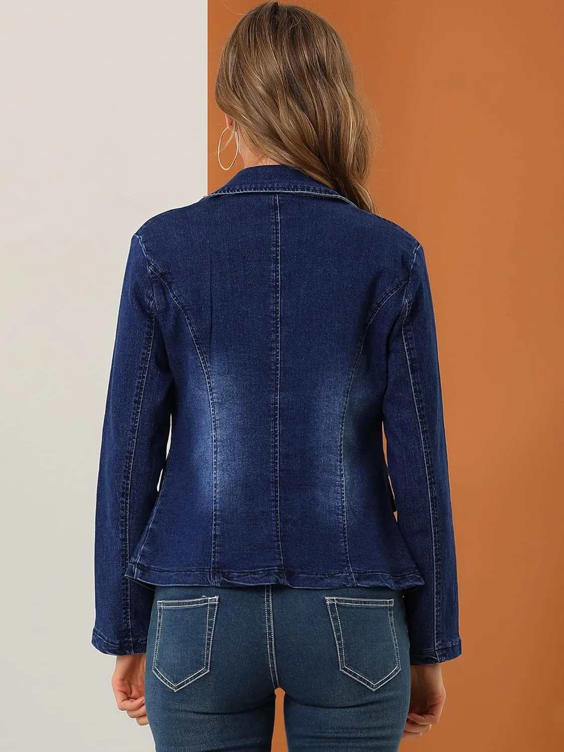 Allegra K Women's Notched Lapel One Button Long Sleeve Washed Business Denim Blazer