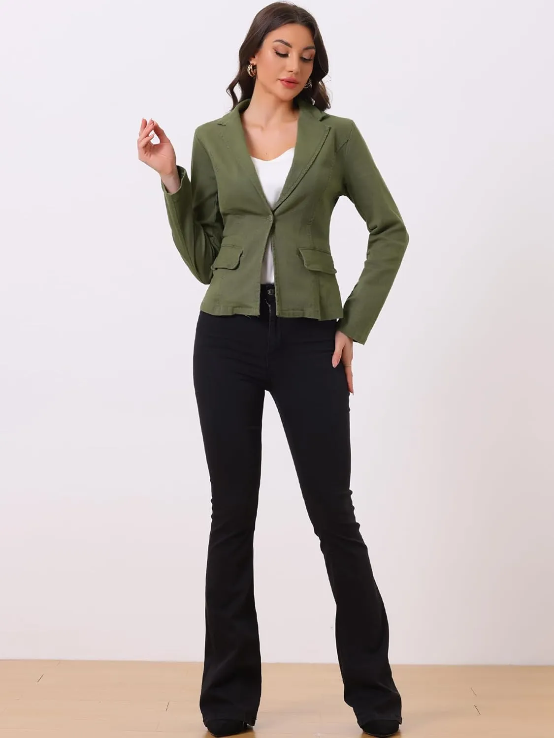 Allegra K Women's Notched Lapel One Button Long Sleeve Washed Business Denim Blazer