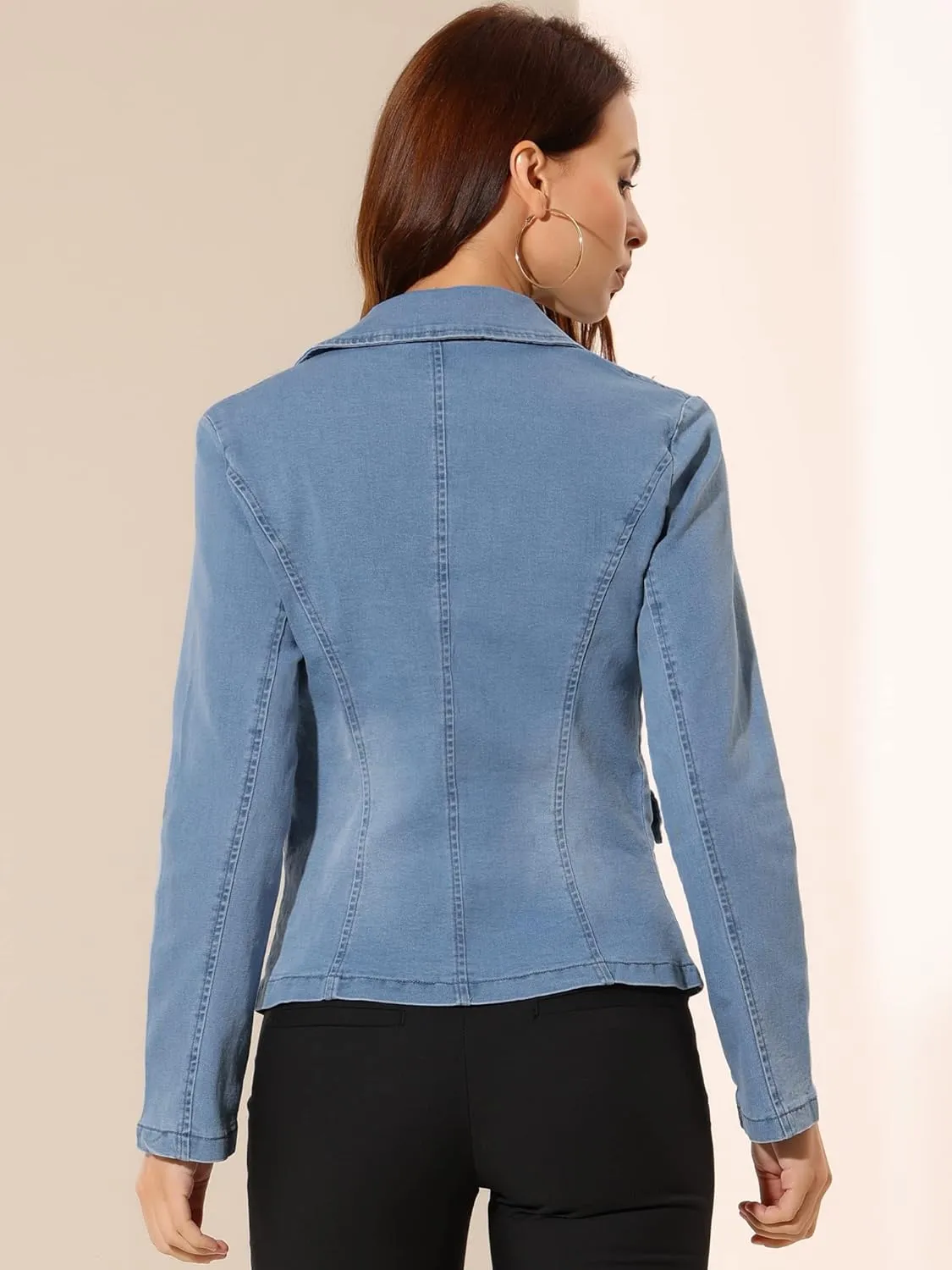 Allegra K Women's Notched Lapel One Button Long Sleeve Washed Business Denim Blazer