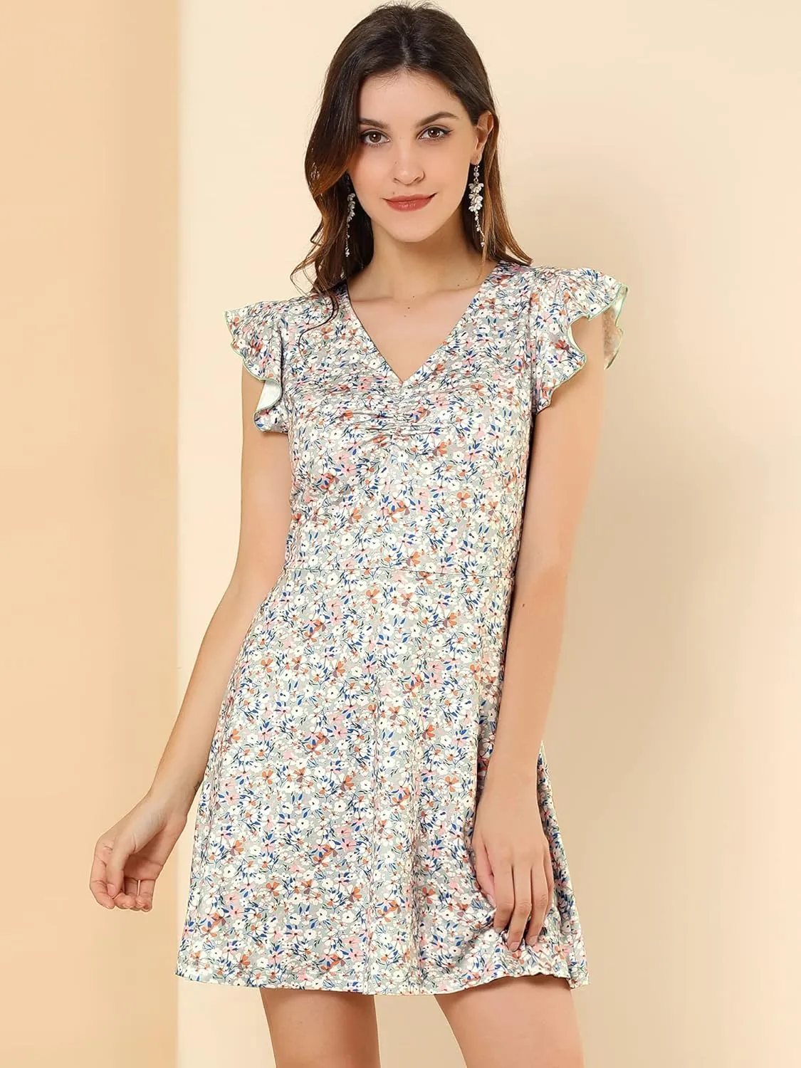 Allegra K Women's Summer Floral Sleeveless Ruffle Sleeve Ruched V Neck A-Line Short Dress