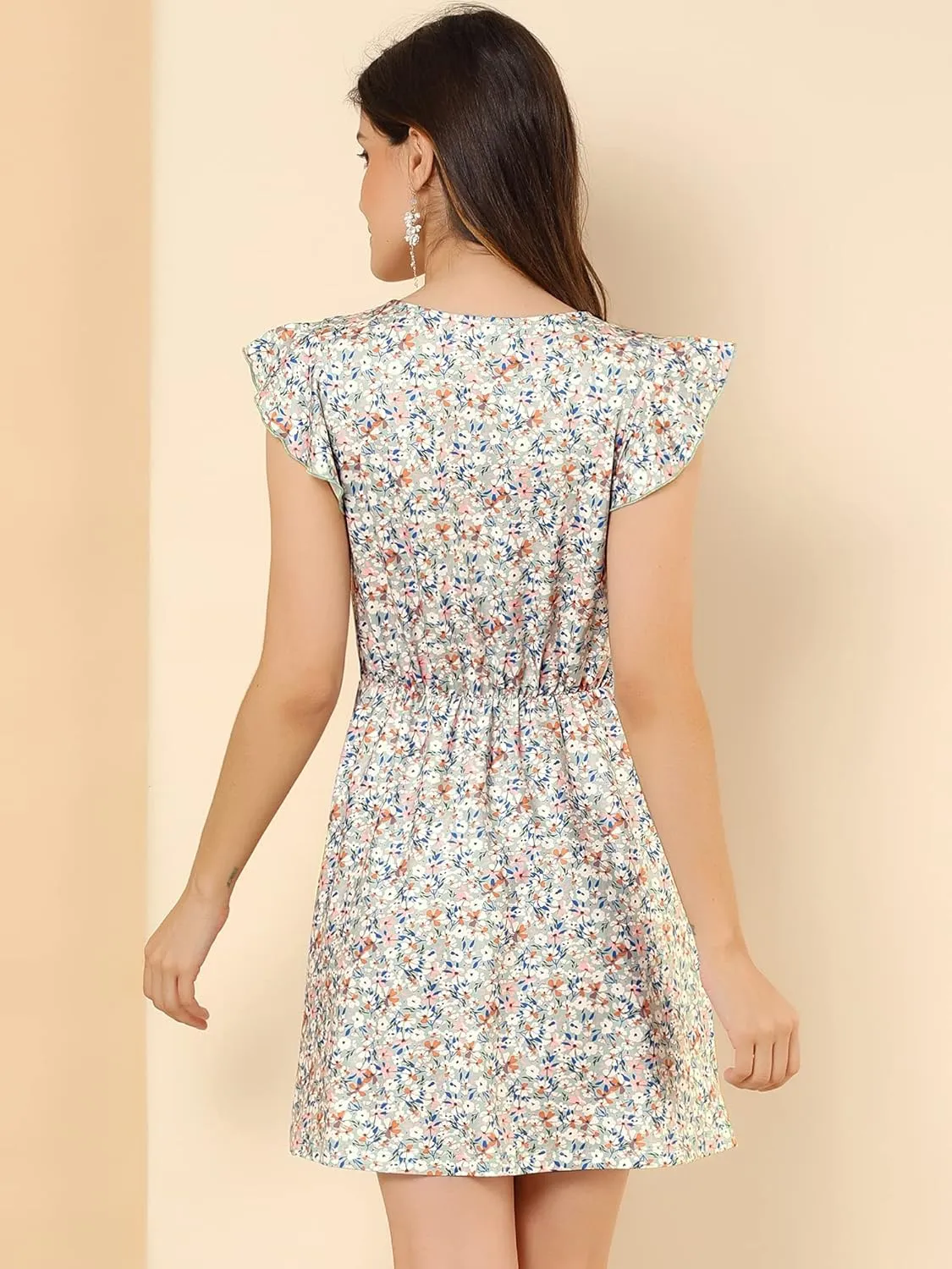 Allegra K Women's Summer Floral Sleeveless Ruffle Sleeve Ruched V Neck A-Line Short Dress