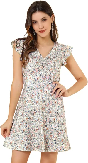 Allegra K Women's Summer Floral Sleeveless Ruffle Sleeve Ruched V Neck A-Line Short Dress