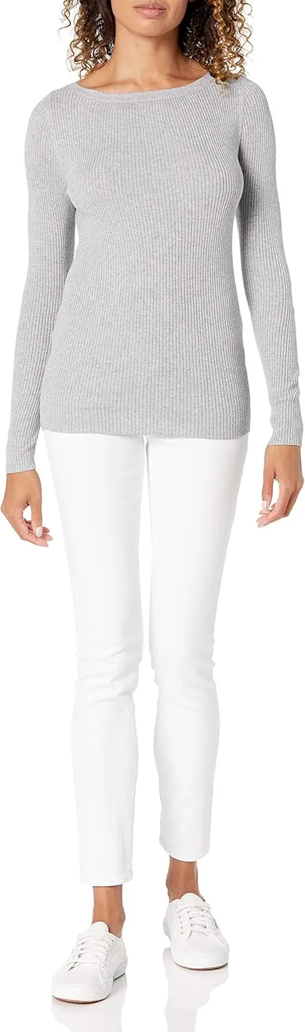 Amazon Essentials Women's Lightweight Ribbed Long-Sleeve Boat Neck Slim-Fit Sweater