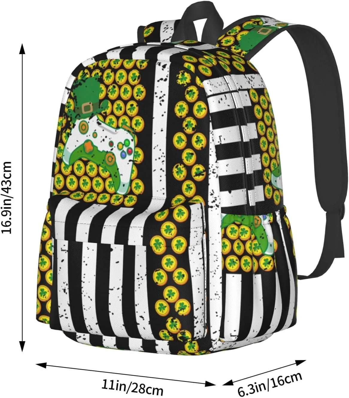 American Flag Shamrocks St.Patrick's Day Games Controller Backpack Casual Laptop Backpack Large Capacity Double Shoulder Bag Travel Daypack For Women Men