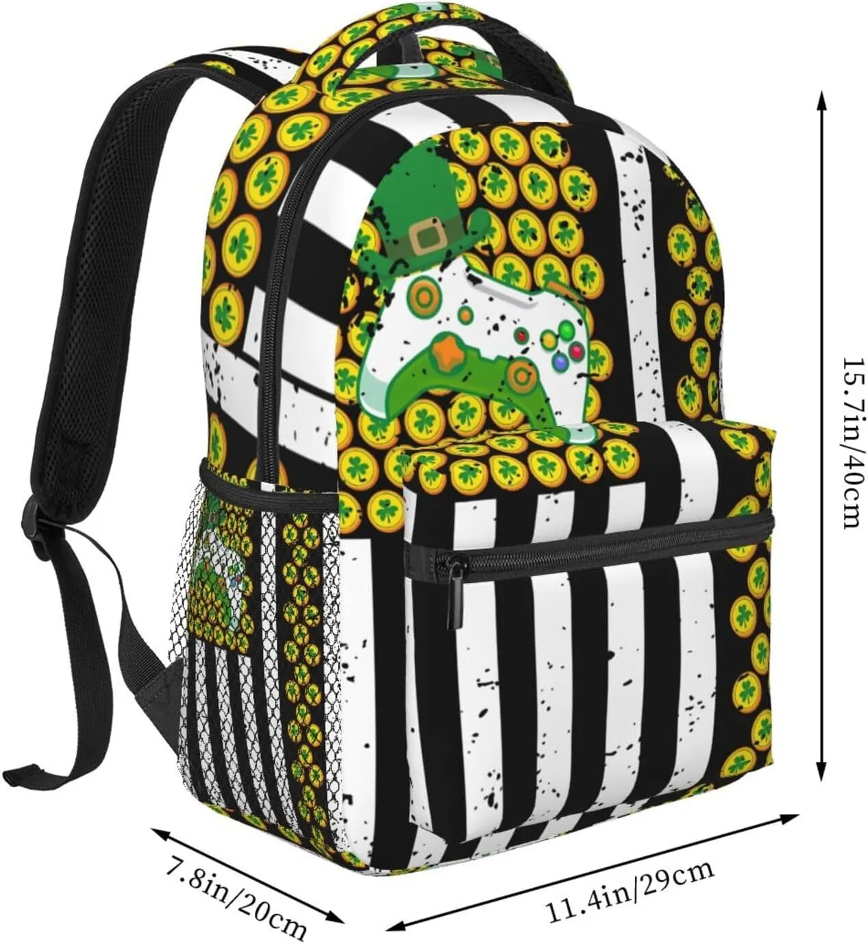 American Flag Shamrocks St.Patrick's Day Games Controller Backpack Casual Laptop Backpack Lightweight Double Shoulder Bag Travel Daypack For Women Men