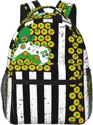 American Flag Shamrocks St.Patrick's Day Games Controller Backpack Casual Laptop Backpack Lightweight Double Shoulder Bag Travel Daypack For Women Men