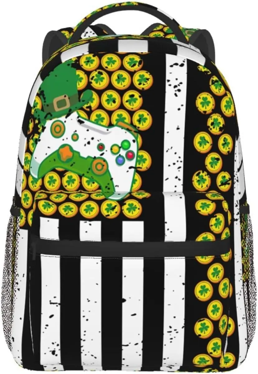 American Flag Shamrocks St.Patrick's Day Games Controller Backpack Casual Laptop Backpack Lightweight Double Shoulder Bag Travel Daypack For Women Men