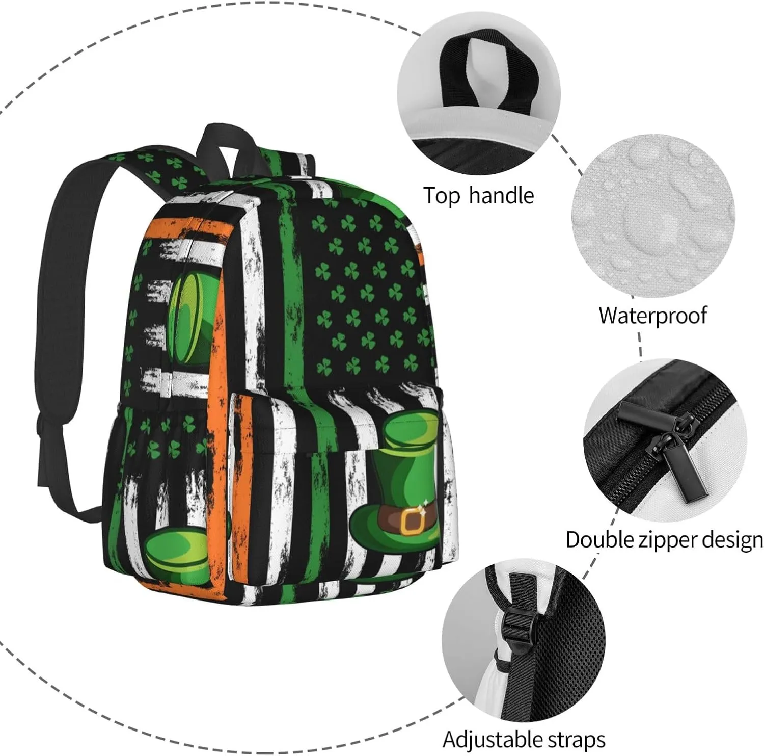 American Flag St Patrick's Day Shamrocks Irish Backpack Casual Laptop Backpack Large Capacity Double Shoulder Bag Travel Daypack For Women Men