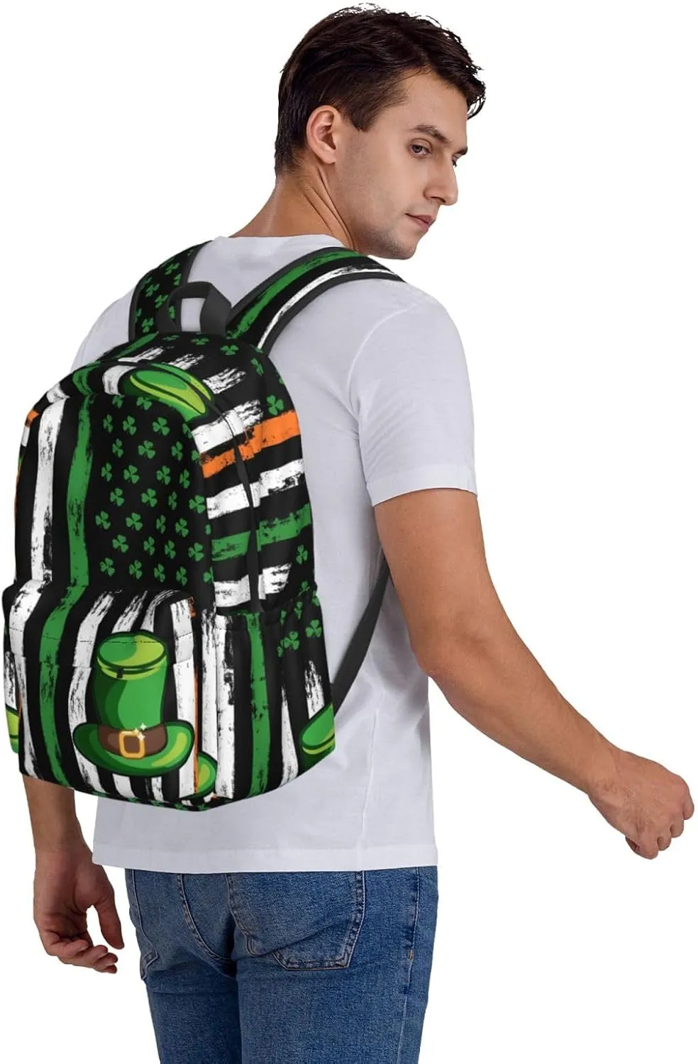 American Flag St Patrick's Day Shamrocks Irish Backpack Casual Laptop Backpack Large Capacity Double Shoulder Bag Travel Daypack For Women Men