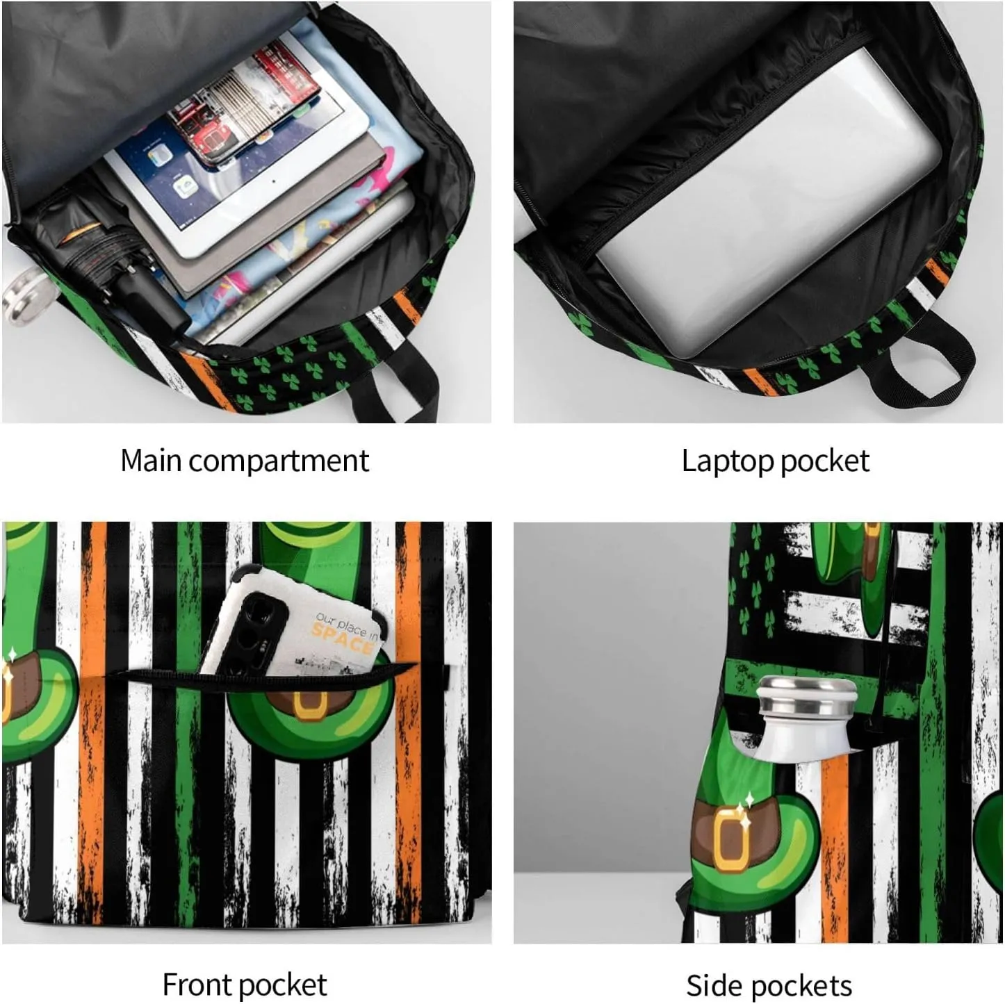 American Flag St Patrick's Day Shamrocks Irish Backpack Casual Laptop Backpack Large Capacity Double Shoulder Bag Travel Daypack For Women Men