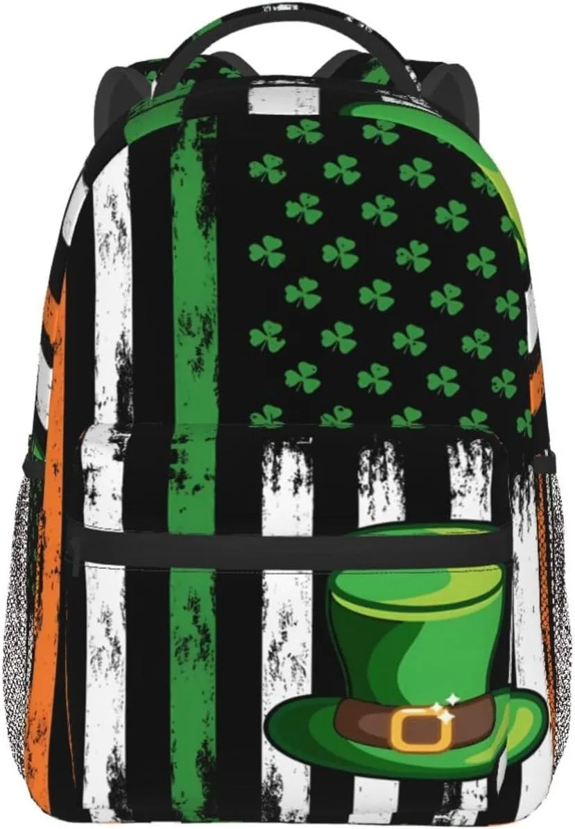 American Flag St Patrick's Day Shamrocks Irish Backpack Casual Laptop Backpack Lightweight Double Shoulder Bag Travel Daypack For Women Men