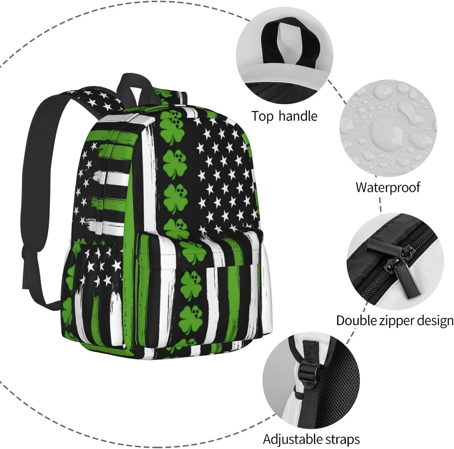 American Flag St Patrick's Day Vintage Bowling Irish Backpack Casual Laptop Backpack Large Capacity Double Shoulder Bag Travel Daypack For Women Men