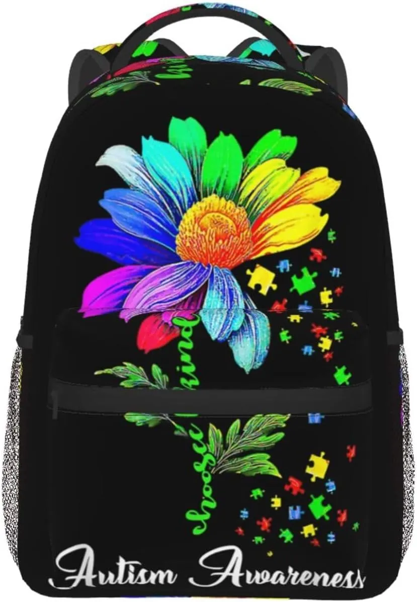 Autism Awareness Daisy Flower Backpack Lightweight Laptop Backpack Casual Daypack Travel Double Shoulder Bag For Women Men