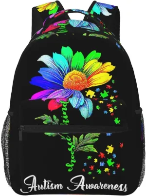 Autism Awareness Daisy Flower Backpack Lightweight Laptop Backpack Casual Daypack Travel Double Shoulder Bag For Women Men