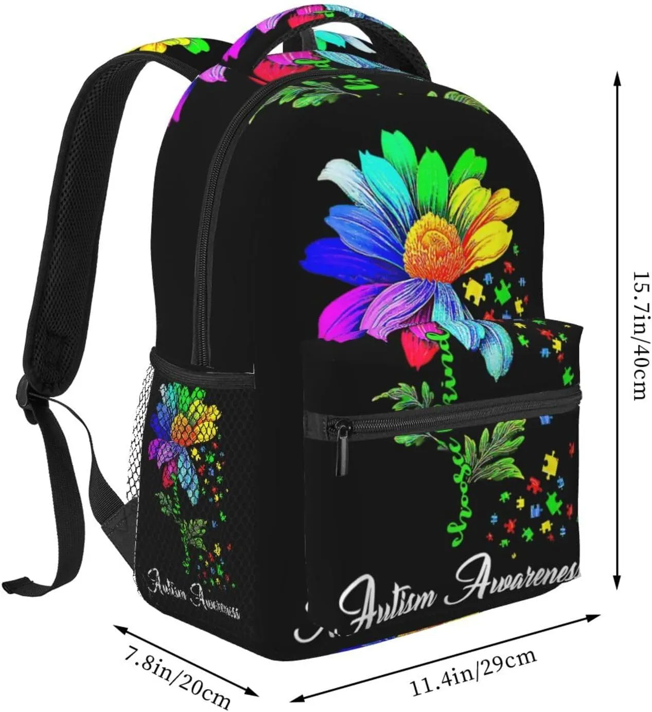 Autism Awareness Daisy Flower Backpack Lightweight Laptop Backpack Casual Daypack Travel Double Shoulder Bag For Women Men