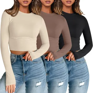 AUTOMET 3 Pack Womens Long Sleeve Shirts Y2K Going Out Crop Tops Cute Basic Slim Fitted Fall Fashion Outfits 2025 Clothes