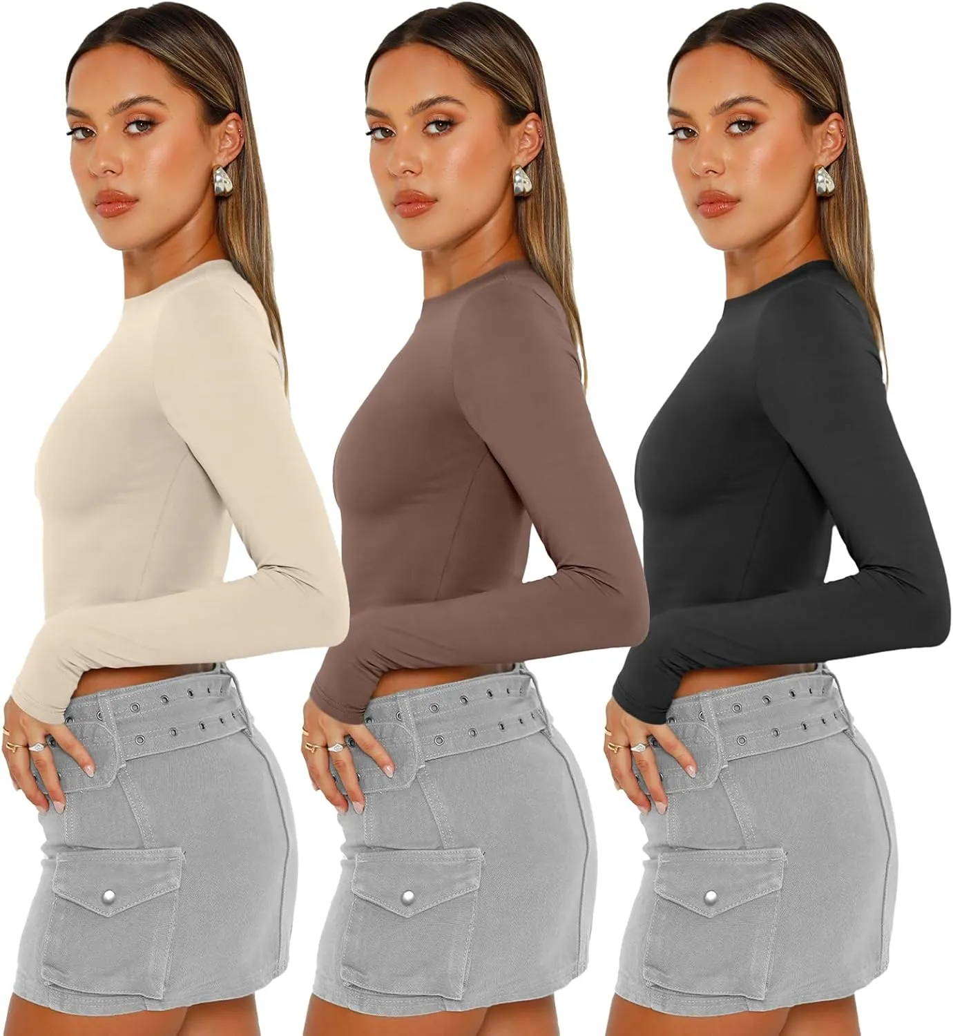 AUTOMET 3 Pack Womens Long Sleeve Shirts Y2K Going Out Crop Tops Cute Basic Slim Fitted Fall Fashion Outfits 2025 Clothes