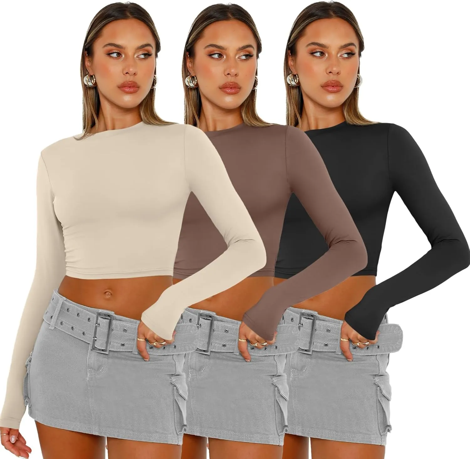 AUTOMET 3 Pack Womens Long Sleeve Shirts Y2K Going Out Crop Tops Cute Basic Slim Fitted Fall Fashion Outfits 2025 Clothes
