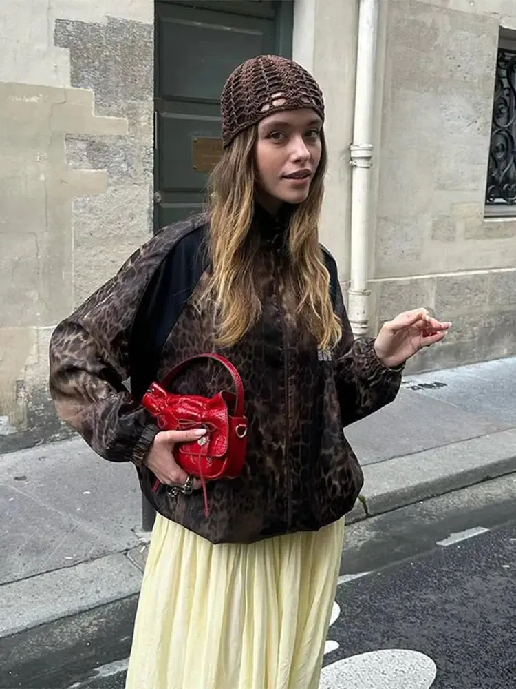 Back To School Joskaa Versatile Leopard Printed Short Jacket For Women Fashion Long Sleeves Zipper Pocket Outerwear Autumn Lady Commute Street Coats