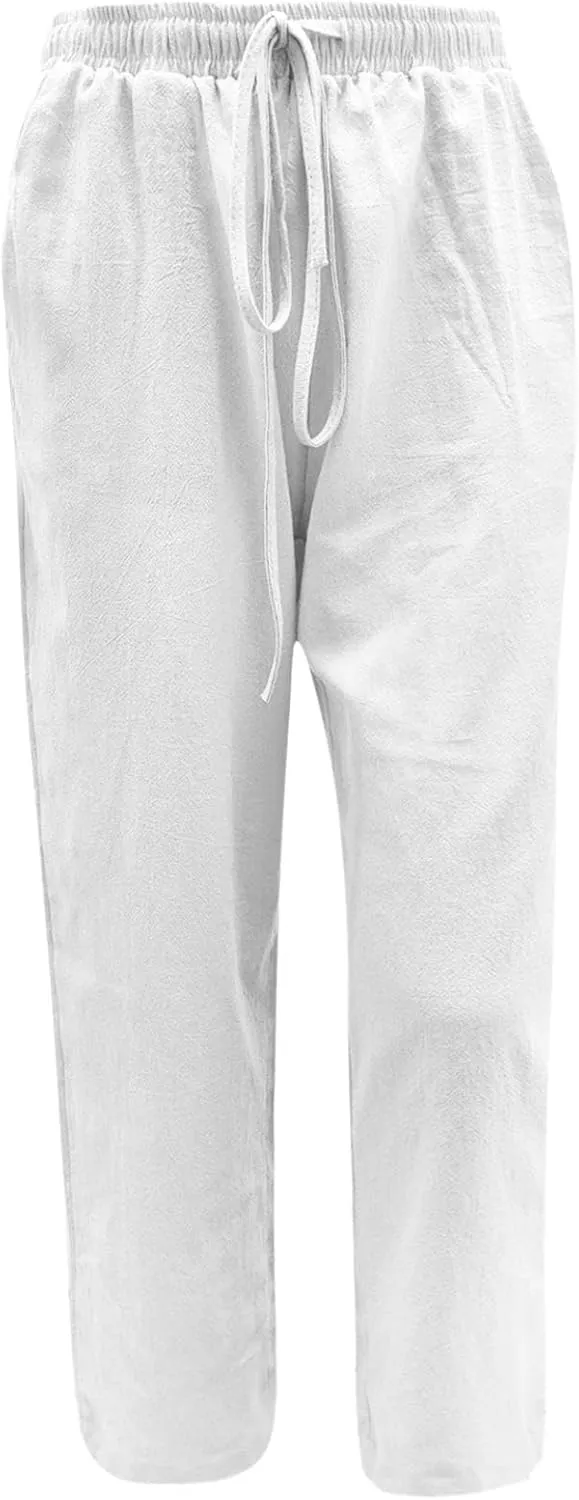 Baggy Linen Pants for Women 2025 Summer Loose Comfy Long Pants Beach Slacks Low Waist Flowy Cotton Linen Trousers