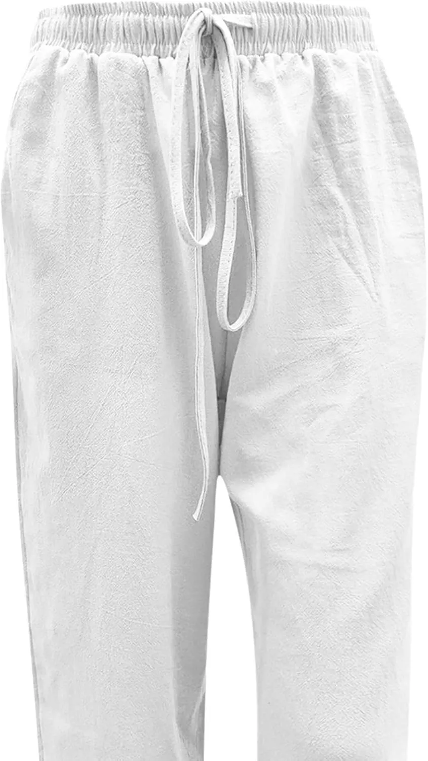 Baggy Linen Pants for Women 2025 Summer Loose Comfy Long Pants Beach Slacks Low Waist Flowy Cotton Linen Trousers