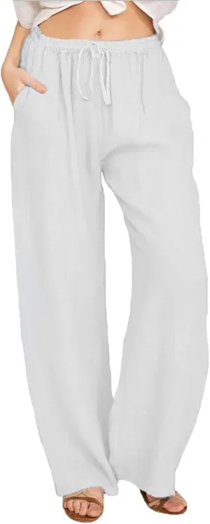 Baggy Linen Pants for Women 2025 Summer Loose Comfy Long Pants Beach Slacks Low Waist Flowy Cotton Linen Trousers