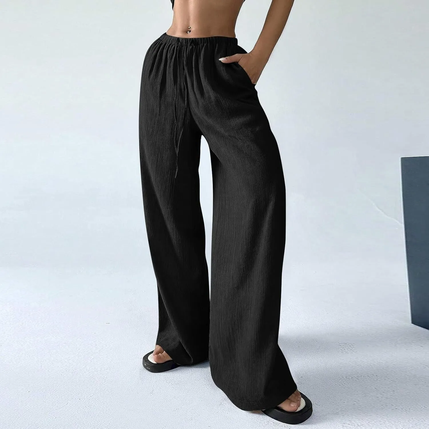 Baggy Wide Leg Linen Pants for Women Plus Size Elastic Waist Pants Textured Summer Beach Palazzo Pants with Pockets