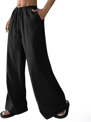 Baggy Wide Leg Linen Pants for Women Plus Size Elastic Waist Pants Textured Summer Beach Palazzo Pants with Pockets