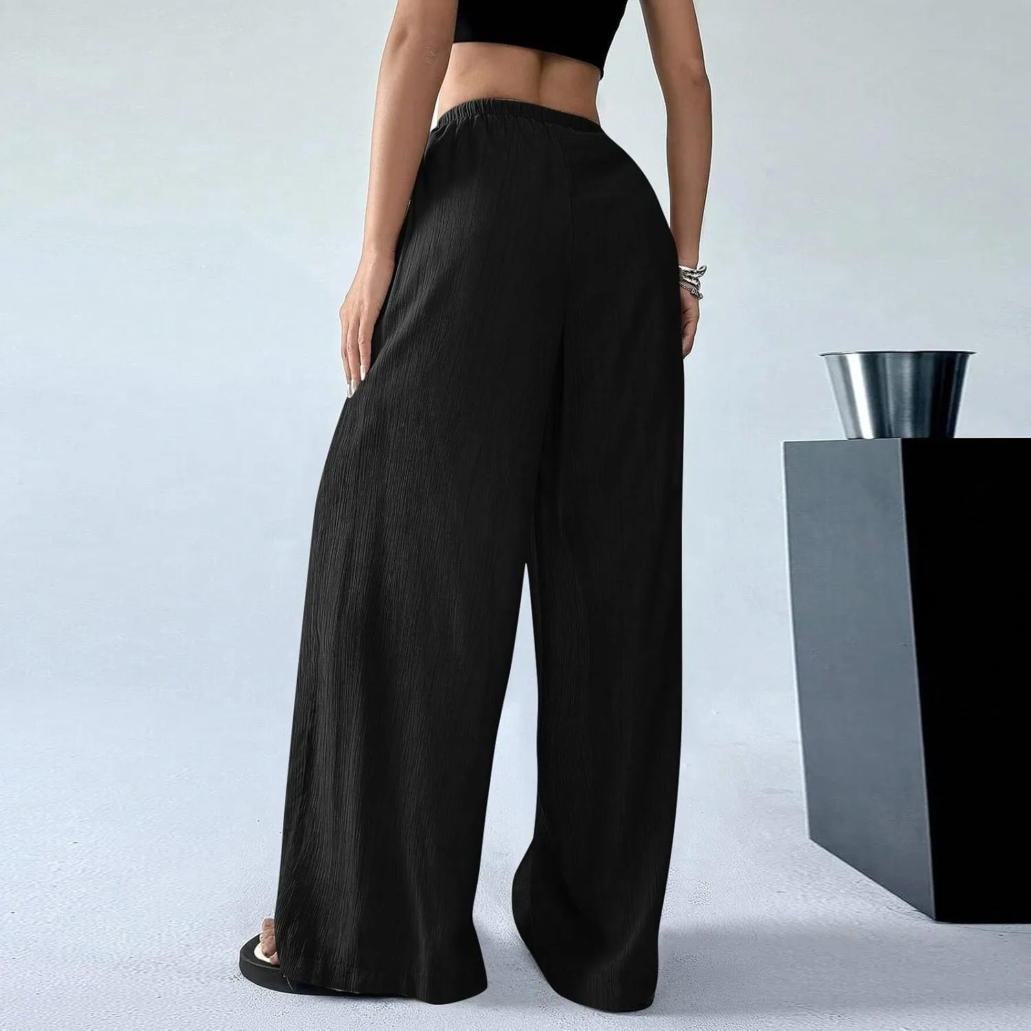 Baggy Wide Leg Linen Pants for Women Plus Size Elastic Waist Pants Textured Summer Beach Palazzo Pants with Pockets