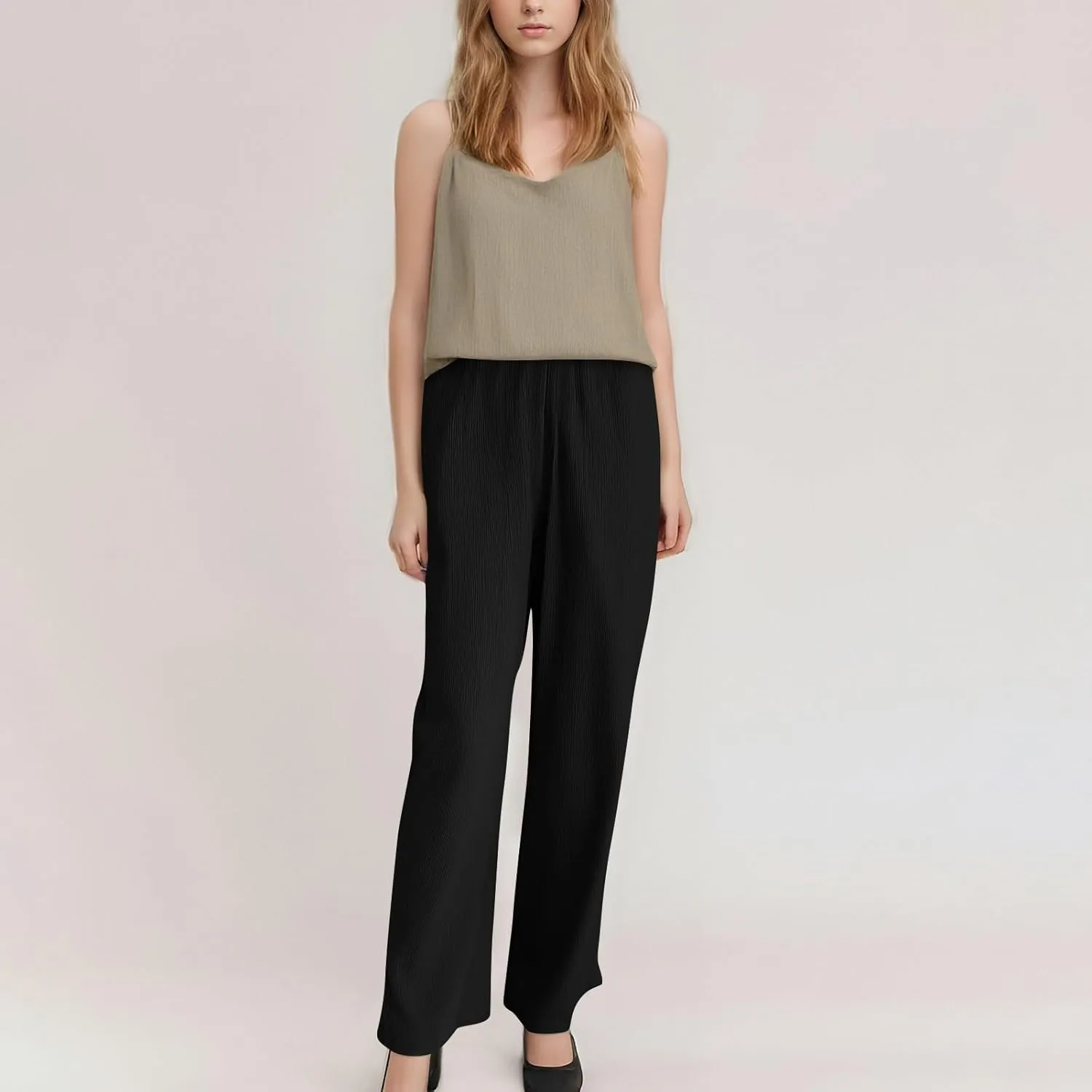 Baggy Wide Leg Linen Pants for Women Plus Size Elastic Waist Pants Textured Summer Beach Palazzo Pants with Pockets