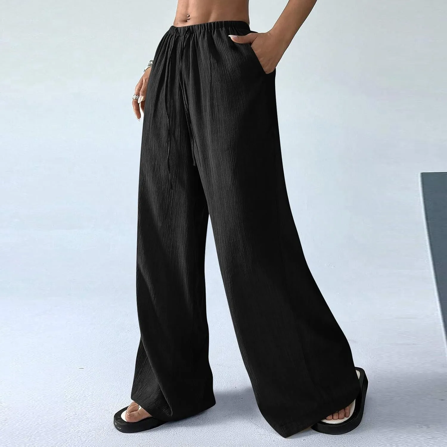 Baggy Wide Leg Linen Pants for Women Plus Size Elastic Waist Pants Textured Summer Beach Palazzo Pants with Pockets