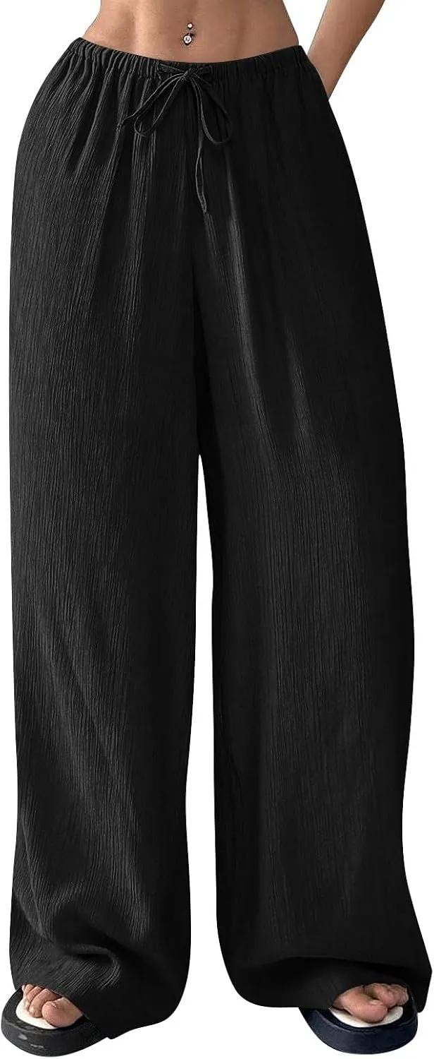 Baggy Wide Leg Linen Pants for Women Plus Size Elastic Waist Pants Textured Summer Beach Palazzo Pants with Pockets