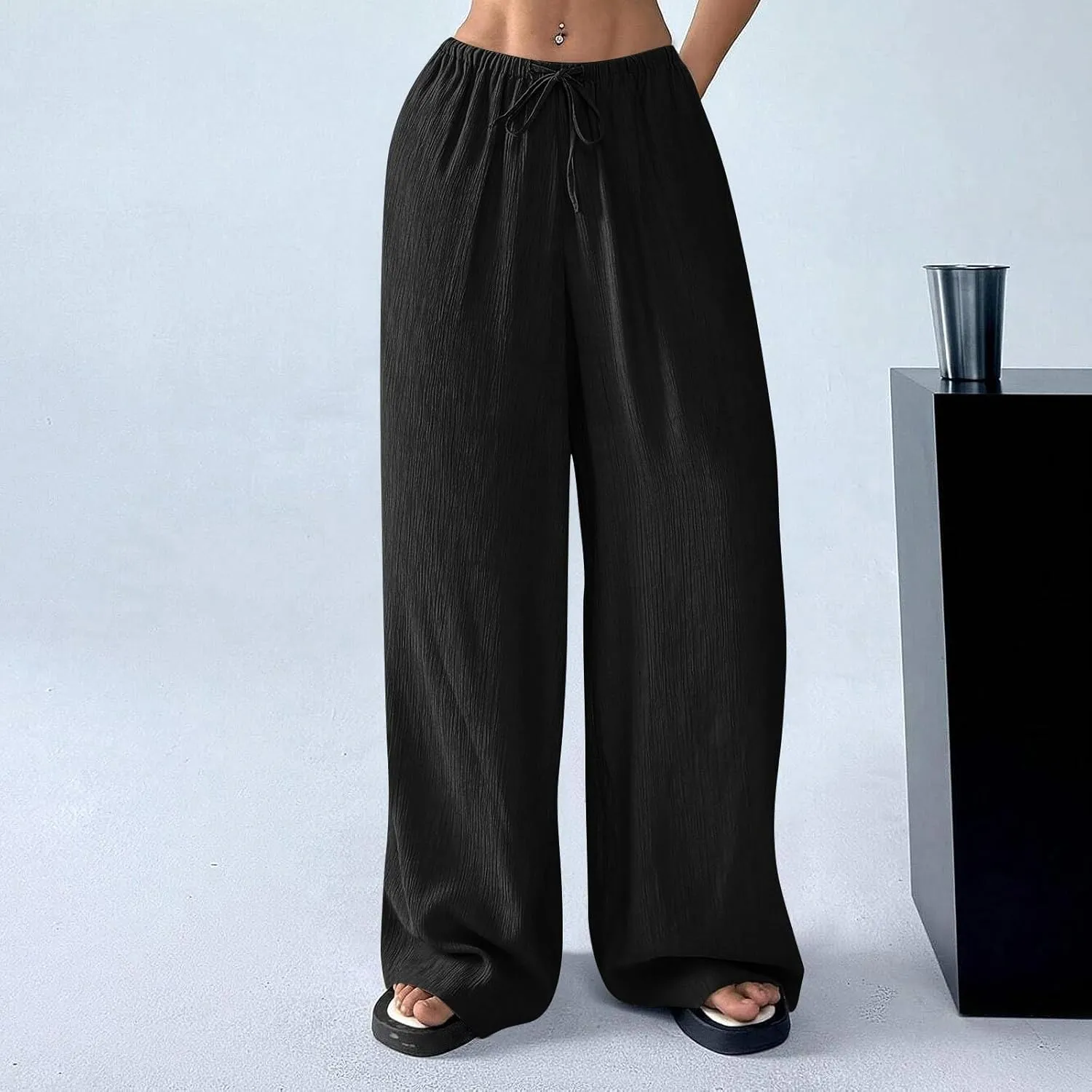 Baggy Wide Leg Linen Pants for Women Plus Size Elastic Waist Pants Textured Summer Beach Palazzo Pants with Pockets
