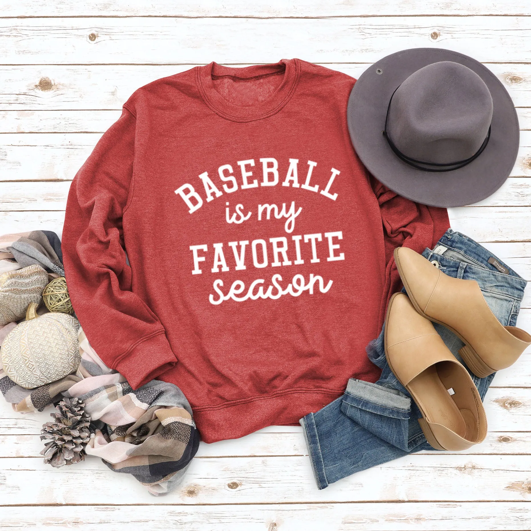 Baseball Is My Favorite Letter Round Neck Large Long Sleeve Sweater