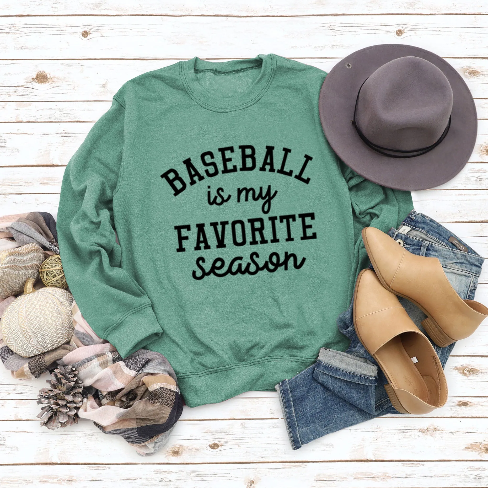 Baseball Is My Favorite Letter Round Neck Large Long Sleeve Sweater