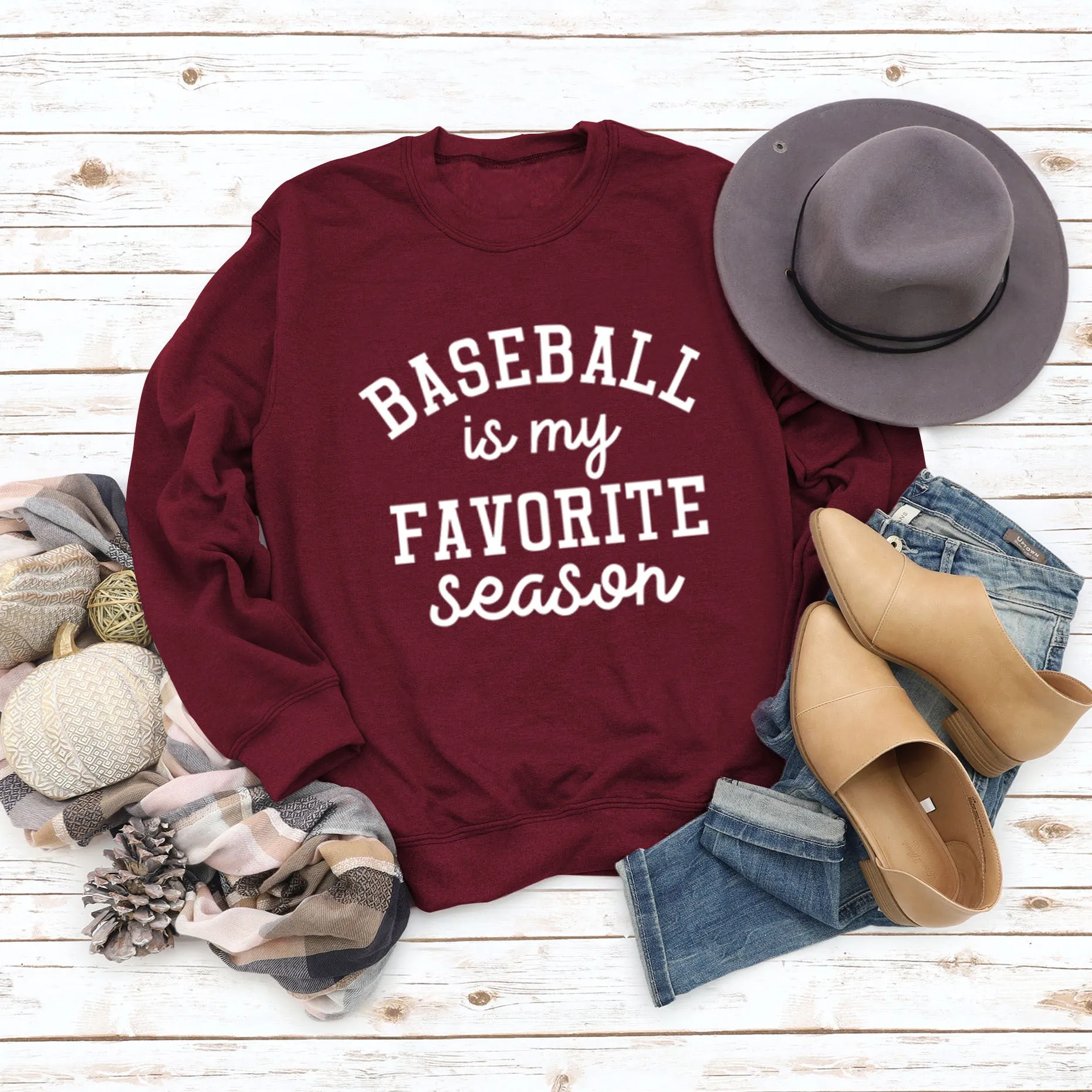 Baseball Is My Favorite Letter Round Neck Large Long Sleeve Sweater
