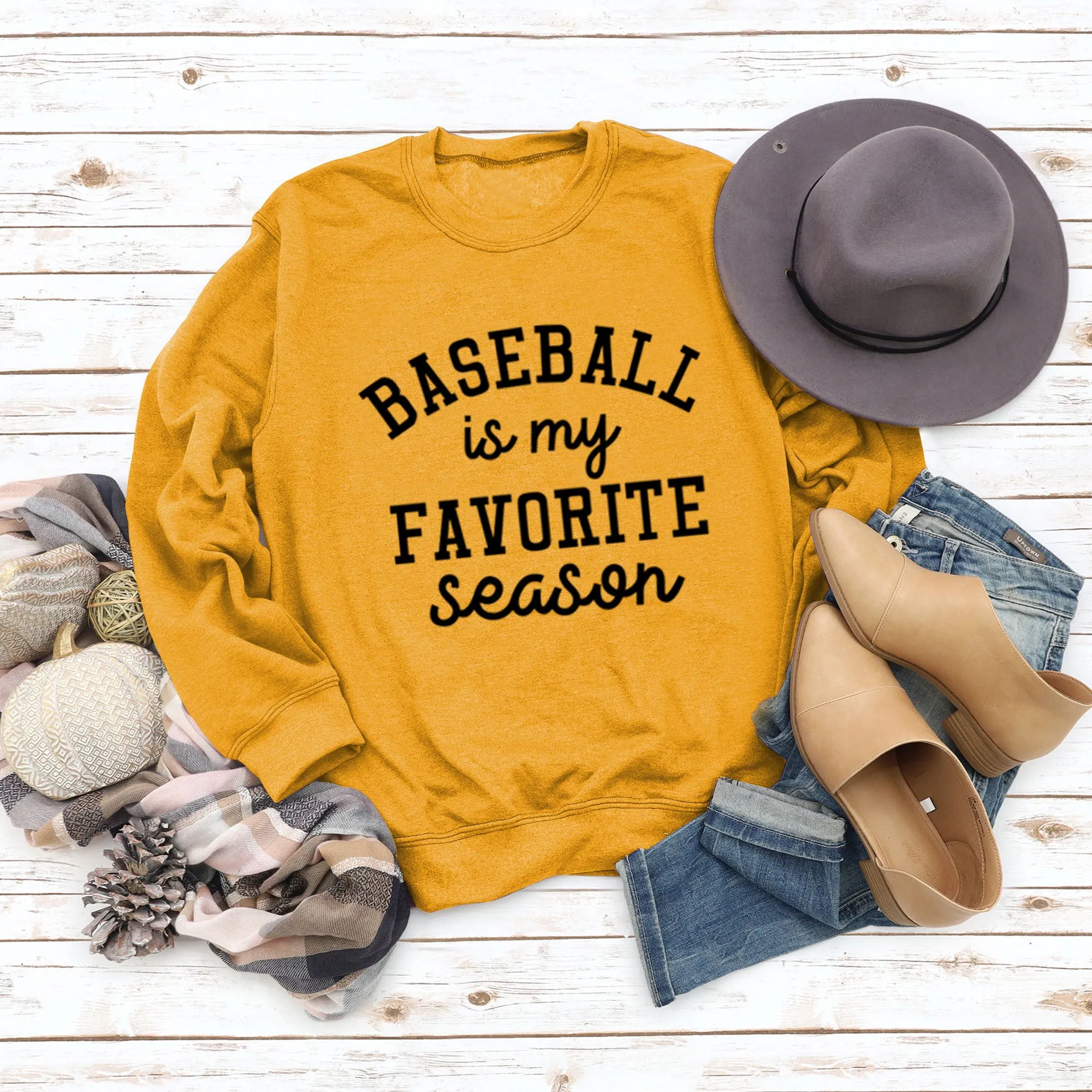 Baseball Is My Favorite Letter Round Neck Large Long Sleeve Sweater