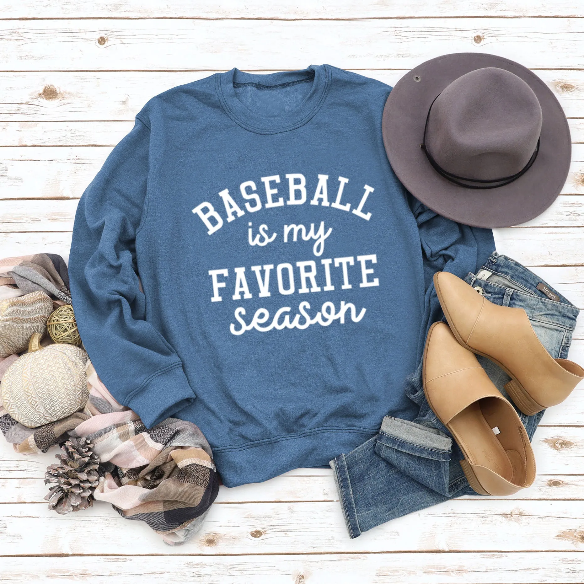 Baseball Is My Favorite Letter Round Neck Large Long Sleeve Sweater