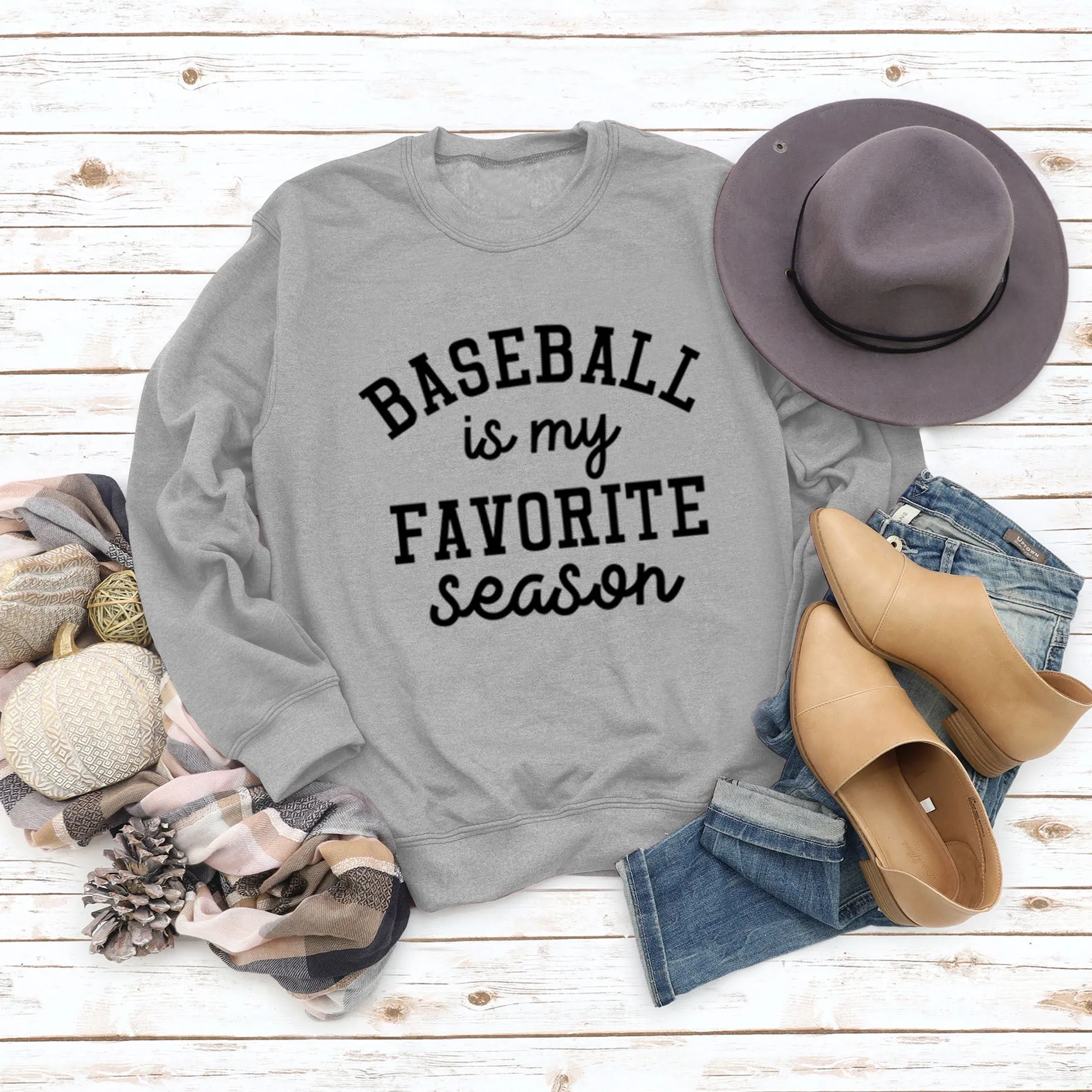 Baseball Is My Favorite Letter Round Neck Large Long Sleeve Sweater