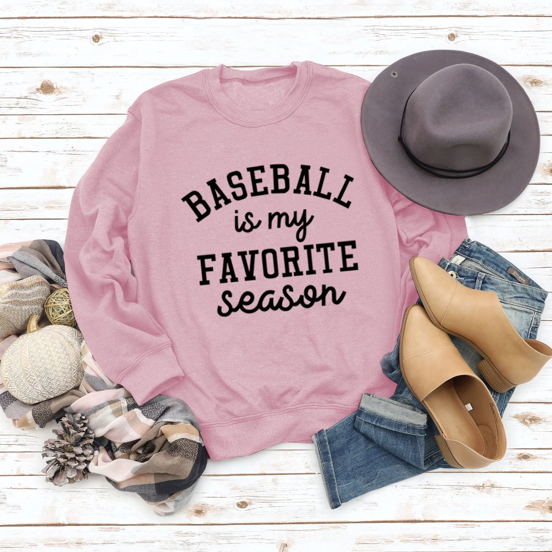 Baseball Is My Favorite Letter Round Neck Large Long Sleeve Sweater